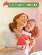 Woman and child holding kawaii-themed plush toys with a pink background